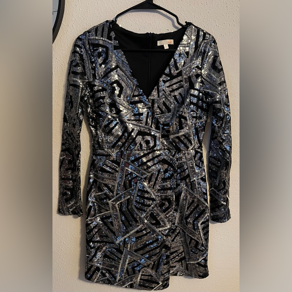 Gianni Bini Black and Silver Geometric Sequin Dress